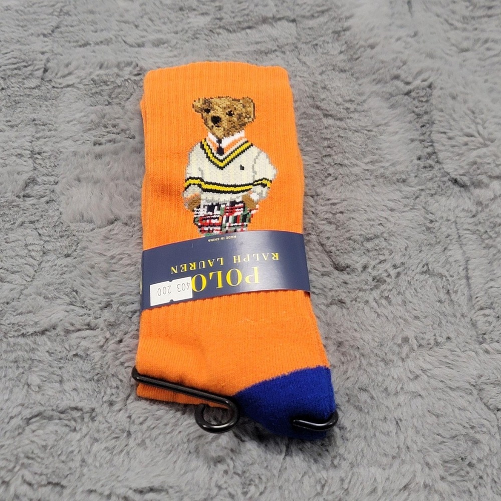 Polo Ralph Lauren Socks Mens 10-13 Orange Polo Preppy Bear Sweater Crew Mid Calf